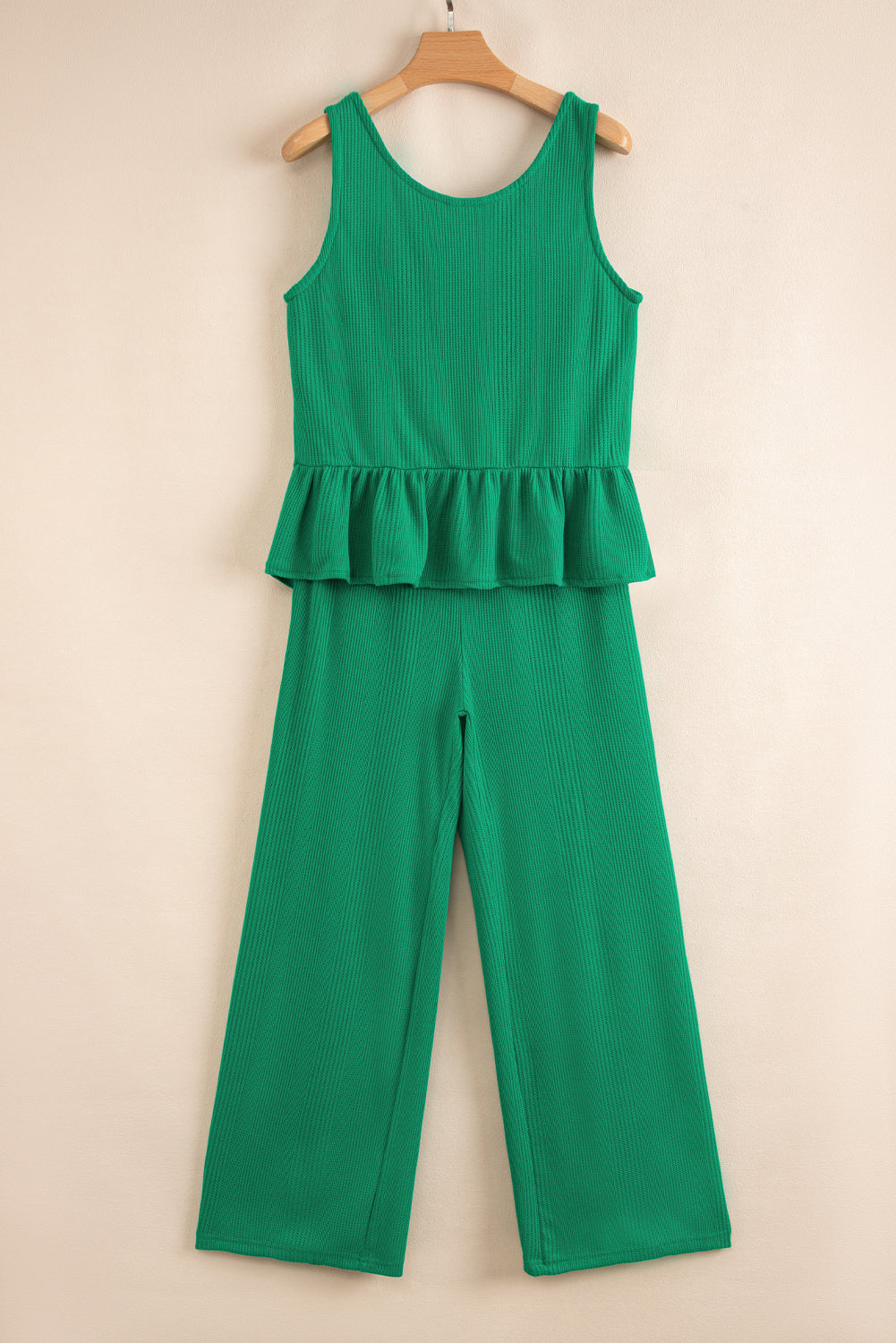 Green Solid Color Ribbed Ruffle Tank Top and Pants Set