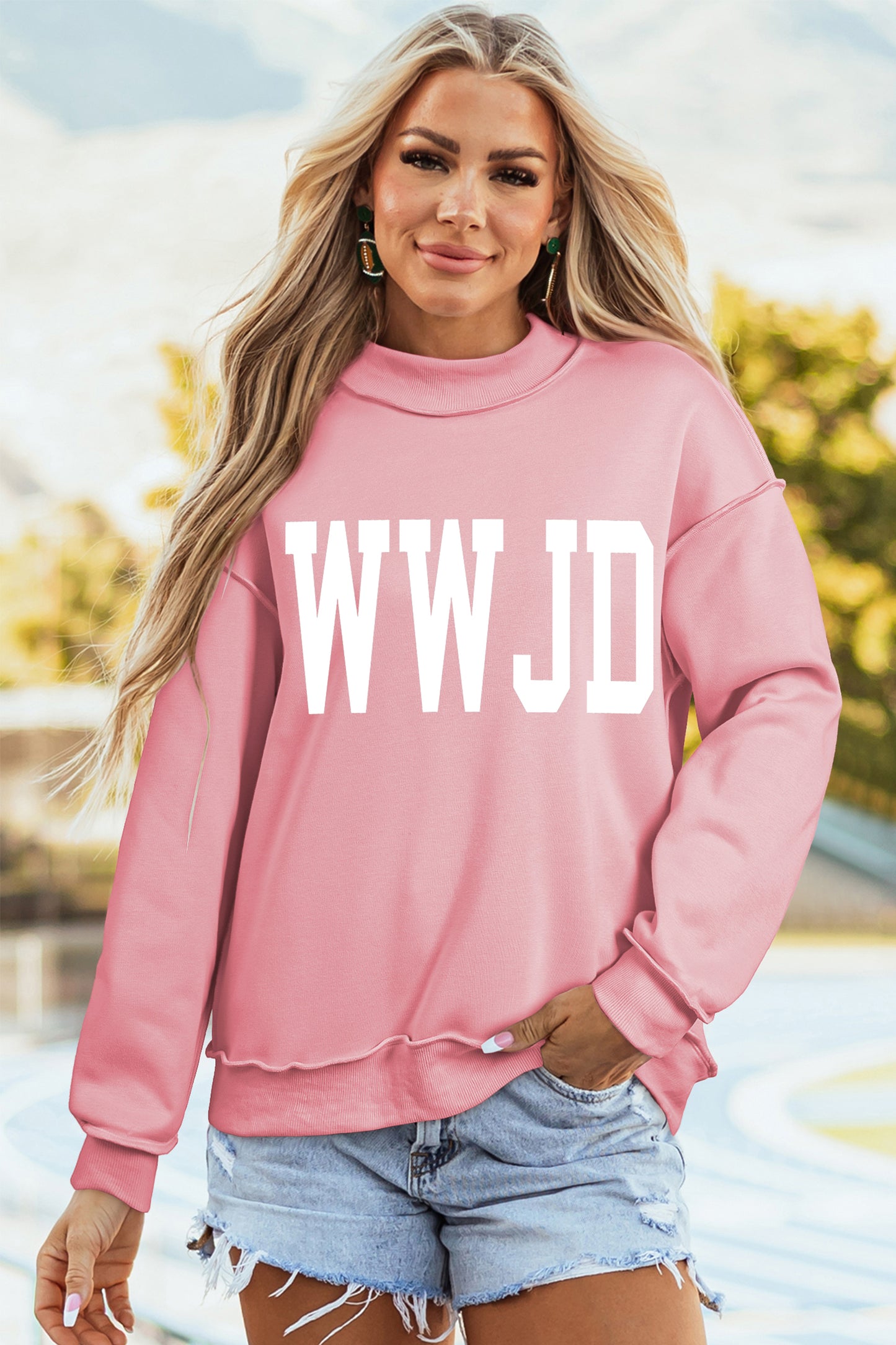 Light Pink WWJD/ AMEN Double Side Printed Mock Neck Reversible Sweatshirt