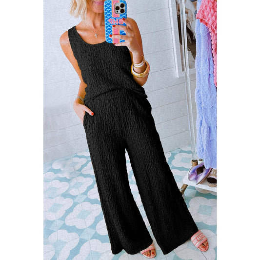 Black Crinkled U Neck Tank Top and Wide Leg Pants Set Casual Womenswear matching