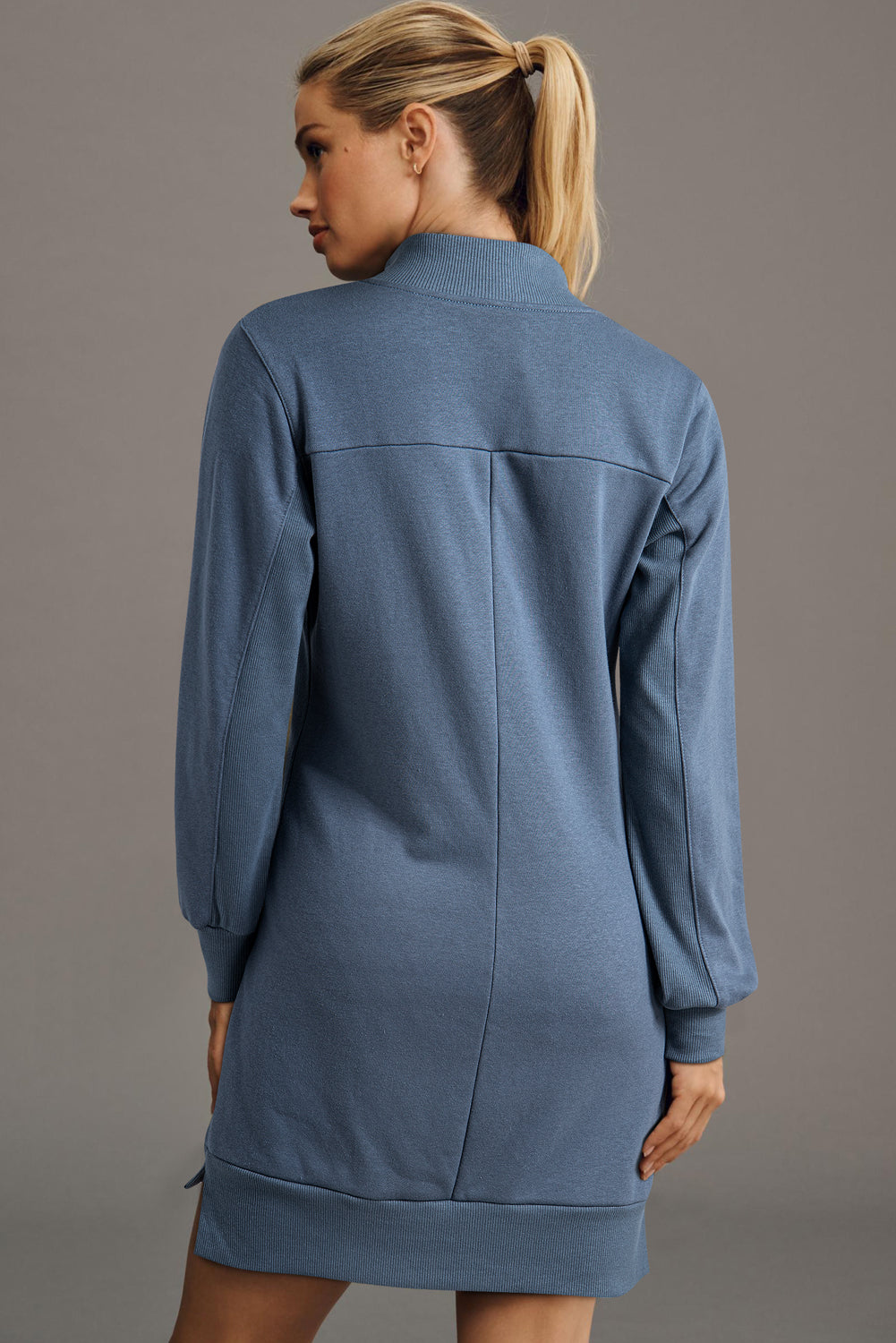 Dark Grey Zip up Collared Ribbed Patchwork Sweatshirt Dress with Pockets