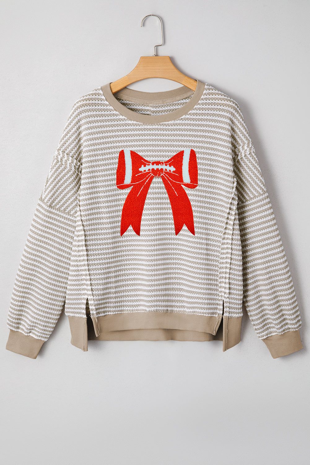 Brown Stripe Chenille Bow Patched Drop Shoulder Long Sleeve Top