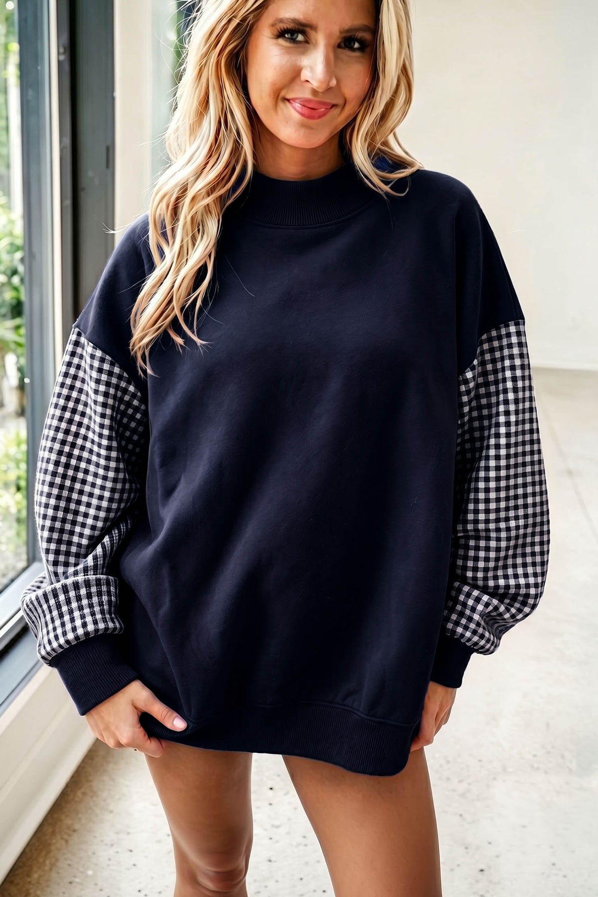 Coffee Plaid Sleeve Colorblock Loose Tunic Sweatshirt
