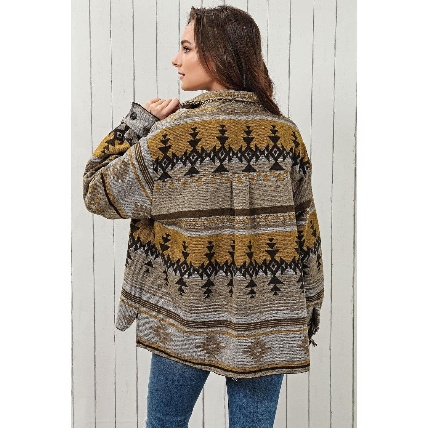 Geometric Collared Drop Shoulder Jacket Polyester Womenswear