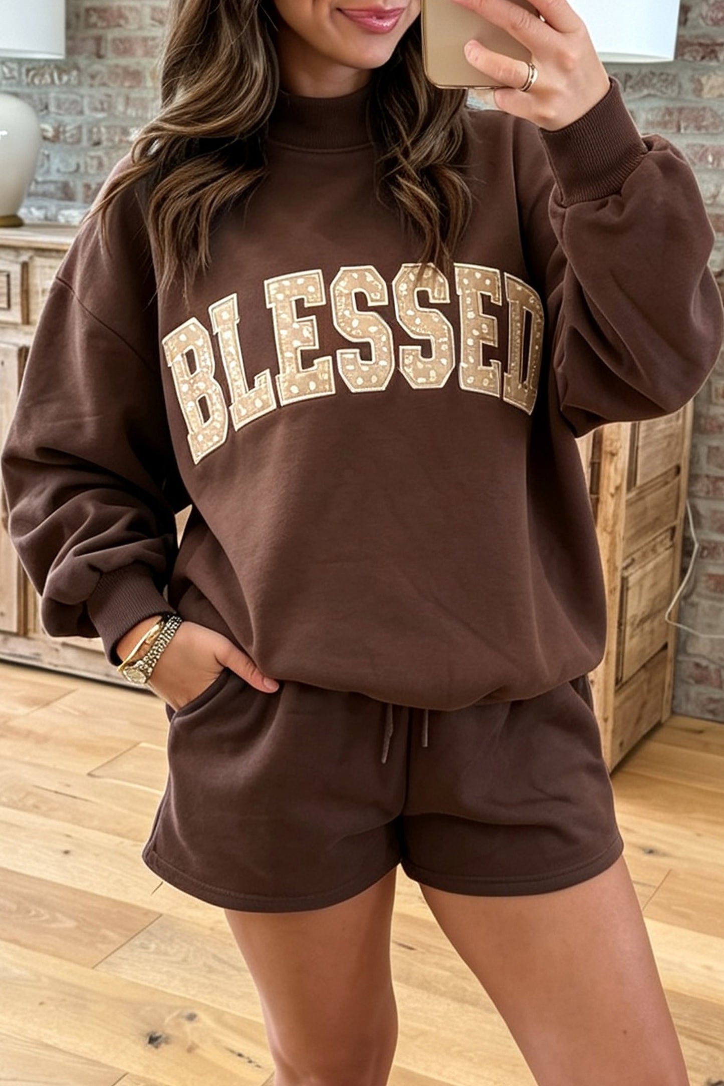 Coffee Christmas Slogan Print Mock Neck Pullover and Shorts Set