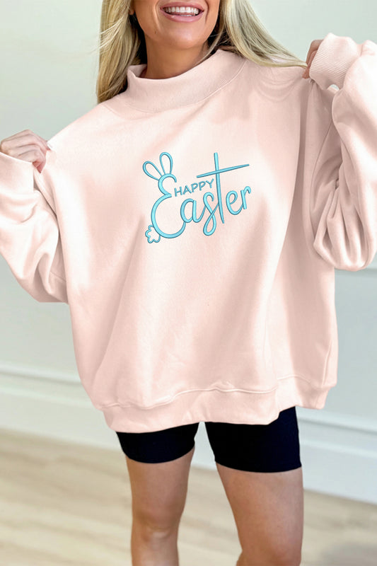 Apricot Pink Happy Easter Chic Bunny Embroidered Mock Neck Sweatshirt