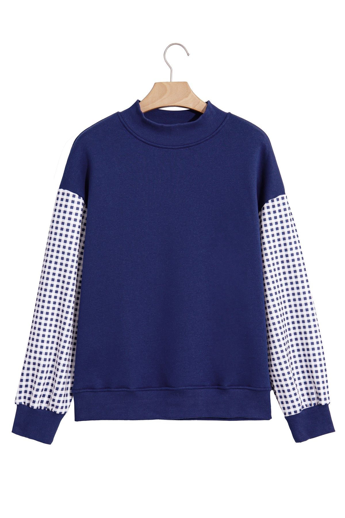 Coffee Plaid Sleeve Colorblock Loose Tunic Sweatshirt