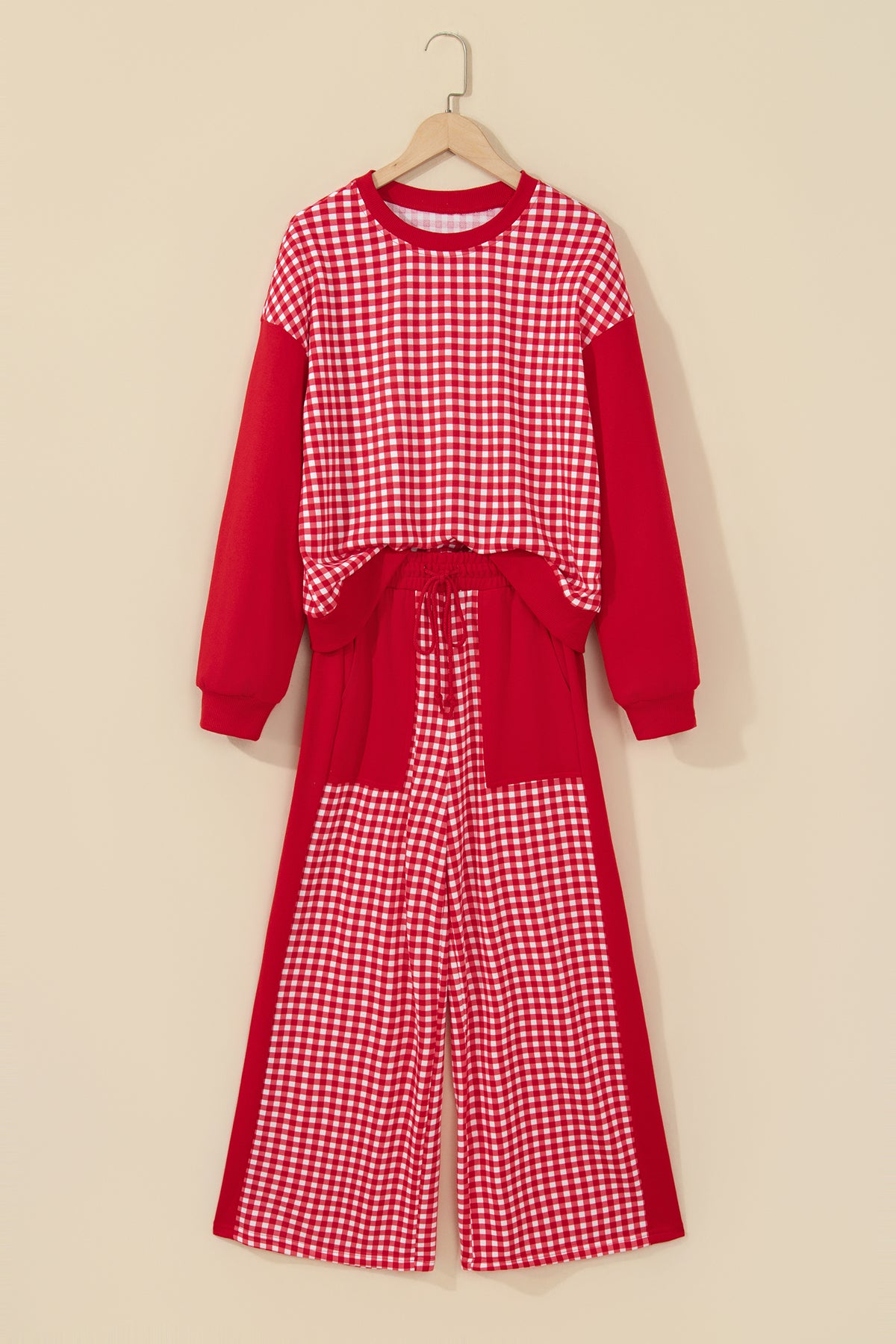 Green Color Block Plaid Patchwork Long Sleeve Pullover Wide Leg Pant Set