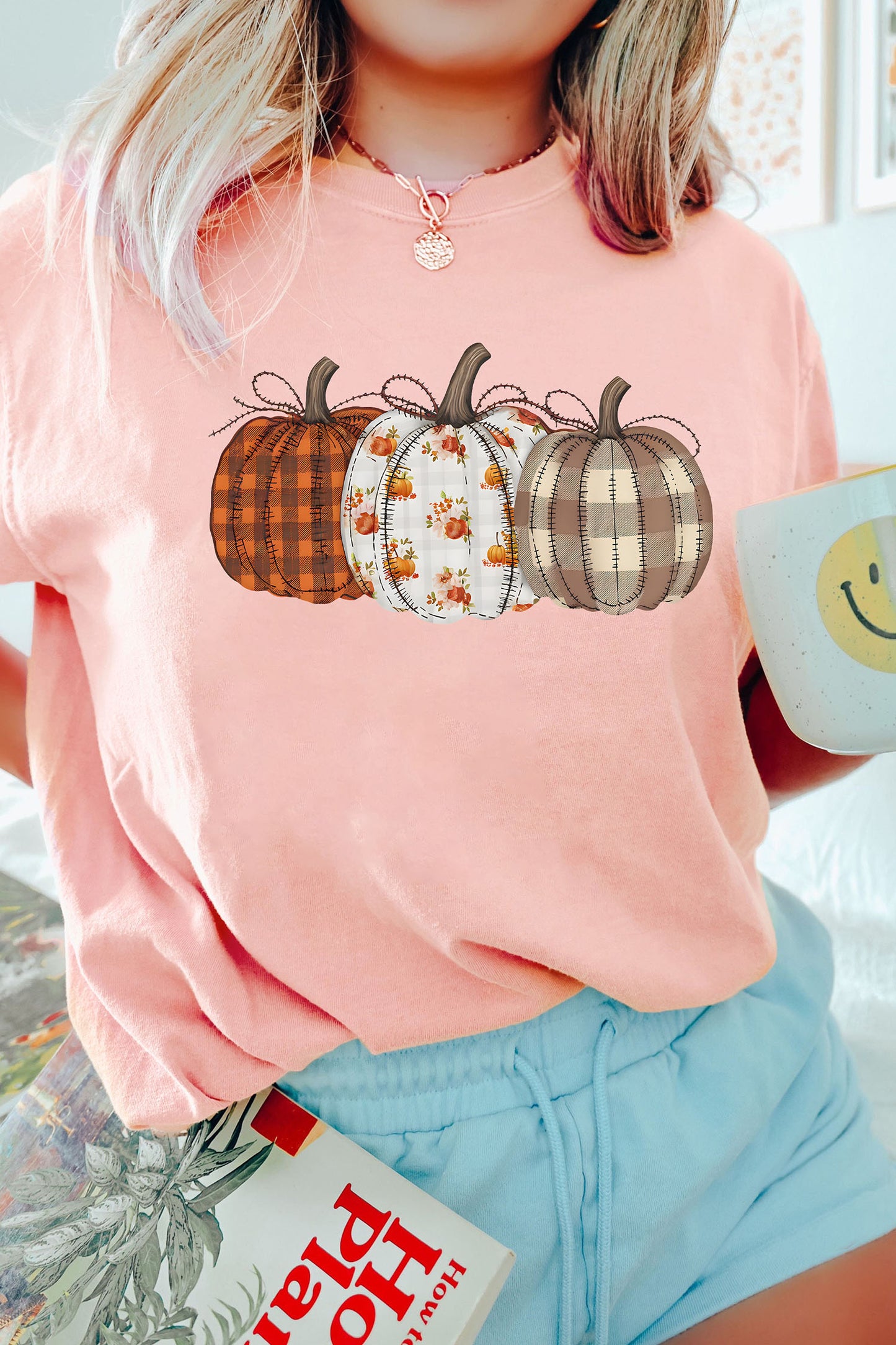 Pink Mix Pattern Pumpkin Print Round Neck T Shirt
