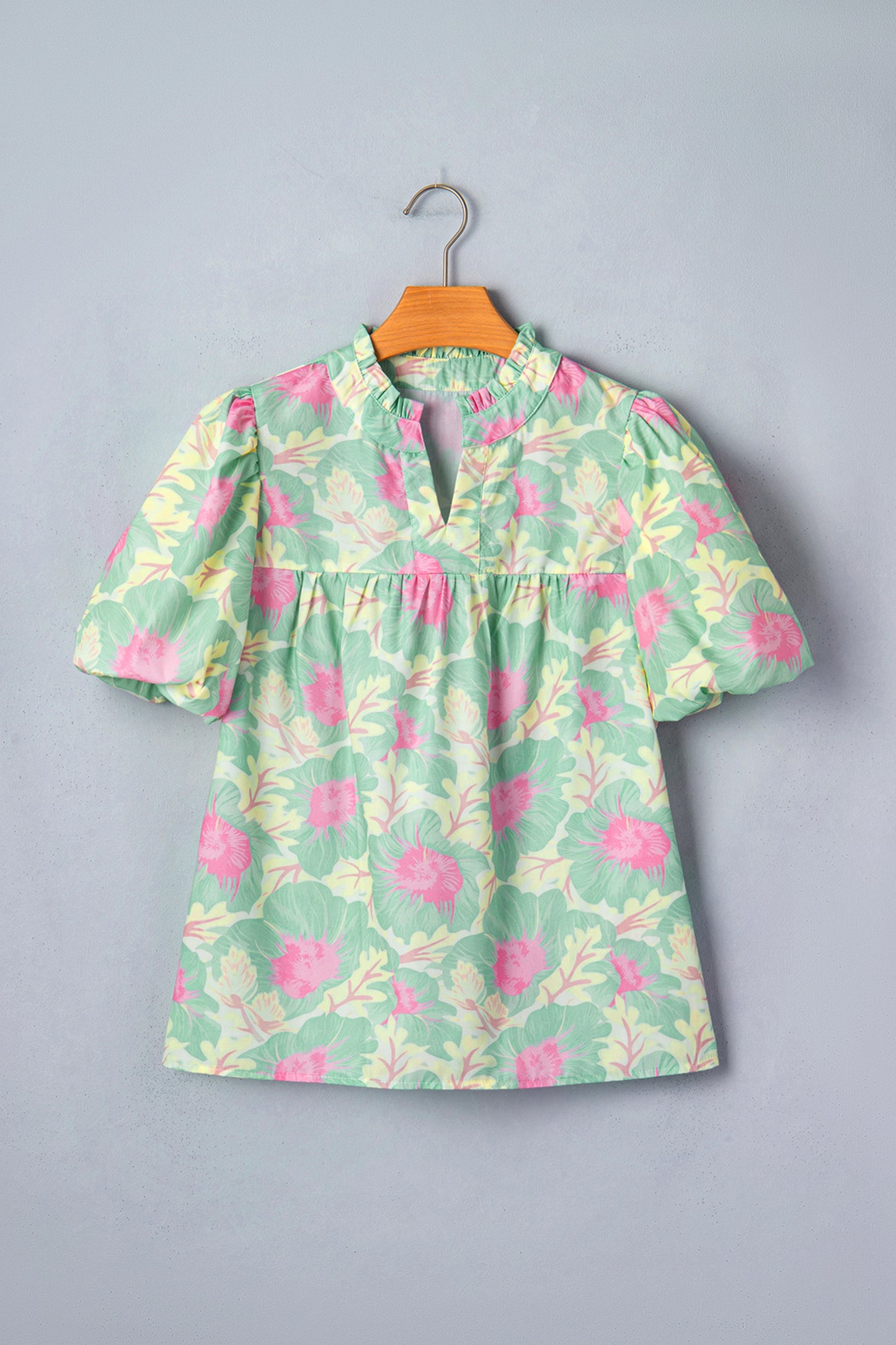 Yellow Short Bubble Sleeve Summer Floral Blouse