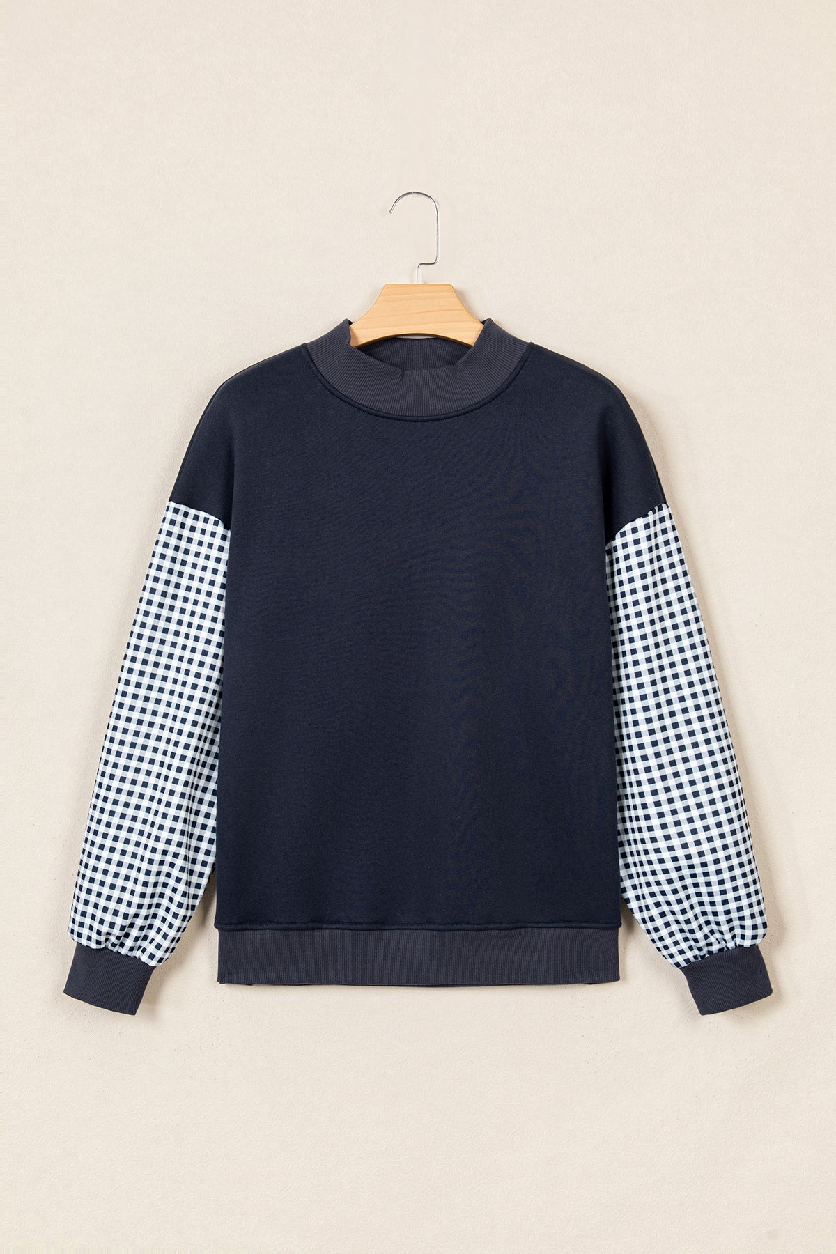 Coffee Plaid Sleeve Colorblock Loose Tunic Sweatshirt