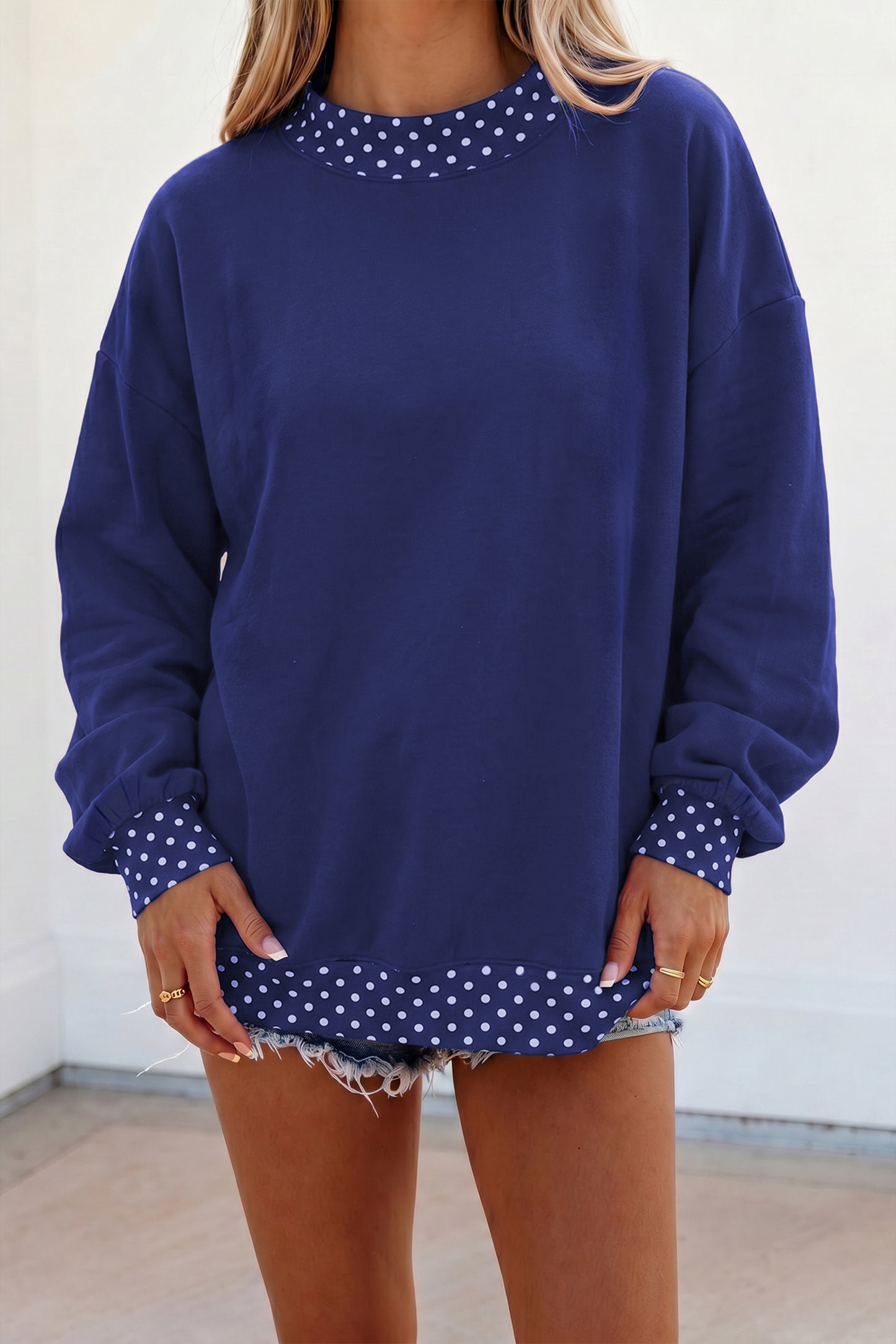 Brown Colorblock Polka Dot Contrast Trim Oversized Sweatshirt