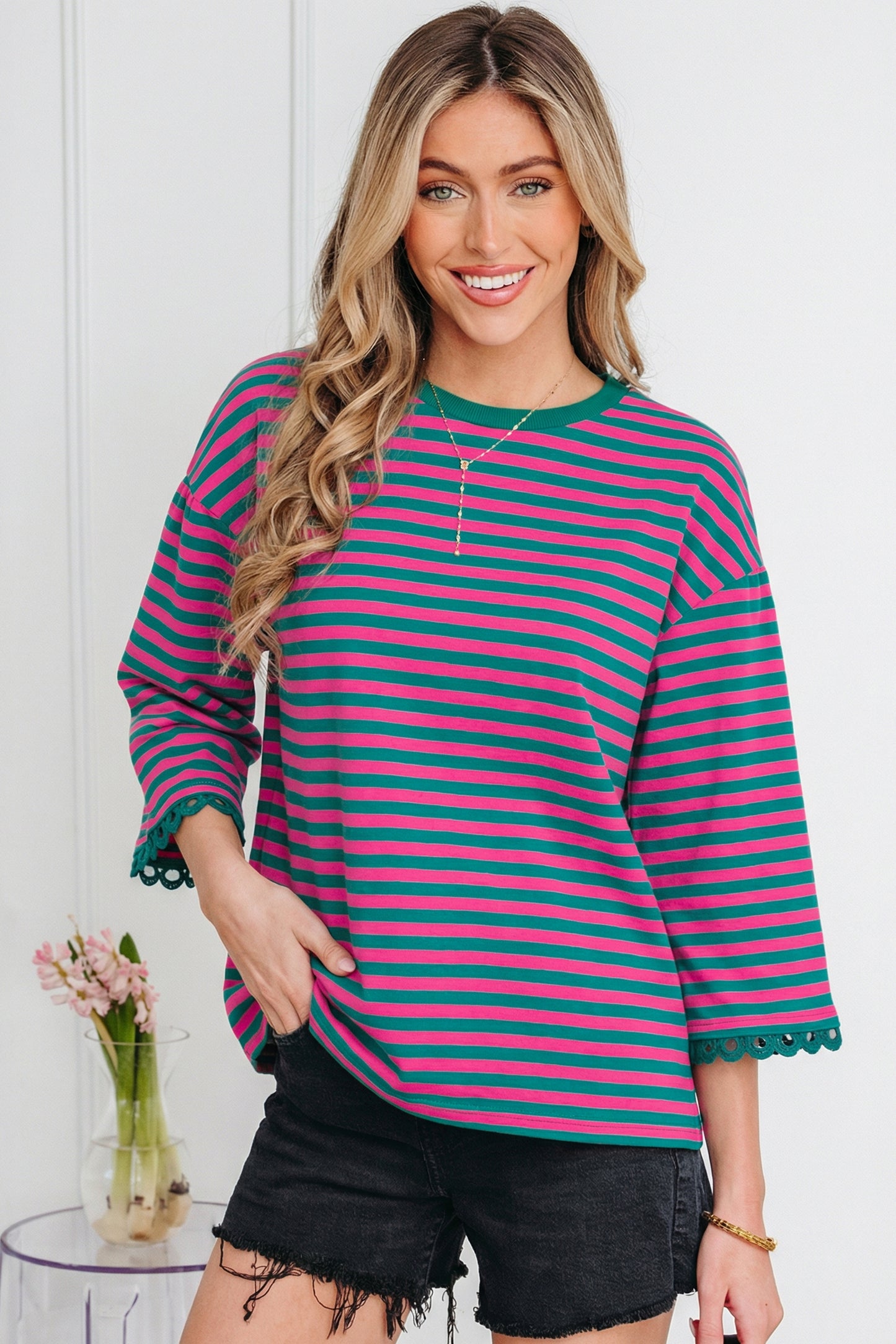 Sachet Pink Striped Print Drop Shoulder Lace Trim Bracelet Sleeve Loose Top