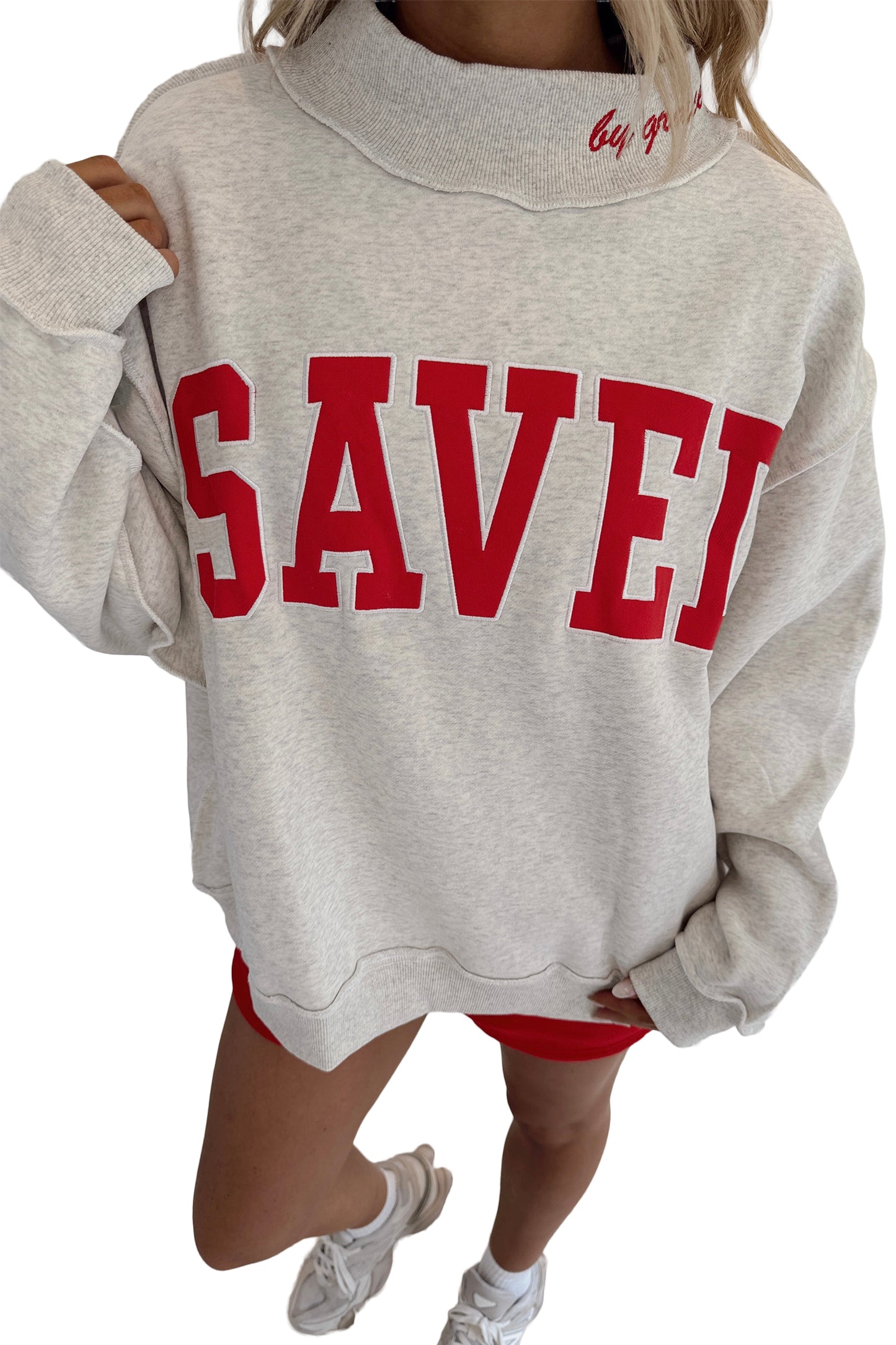 Pink Saved By Grace Embroidered Detail Letter Graphic High Neck Sweatshirt