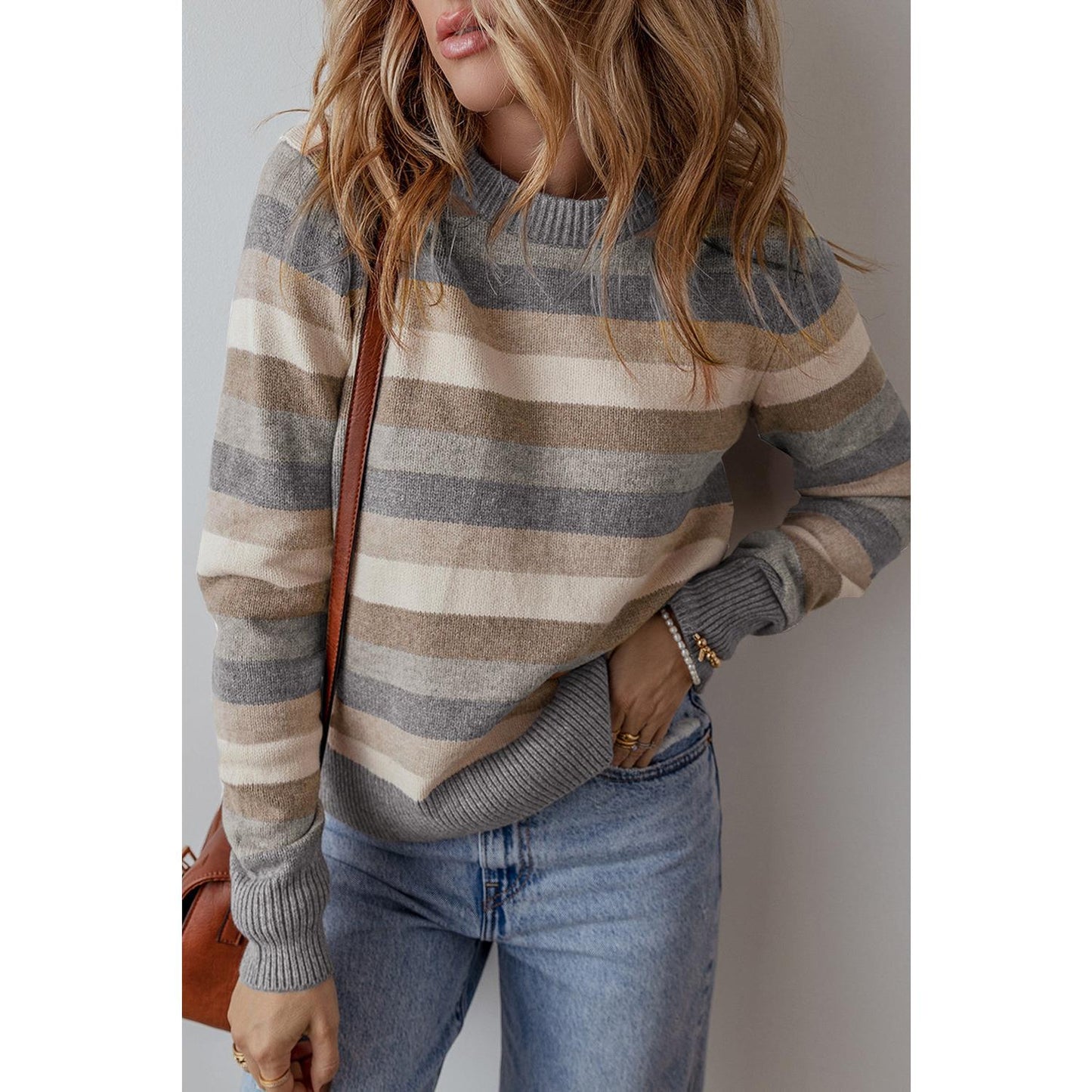 Gray Stripe Color Block Ribbed Edge Round Neck Sweater