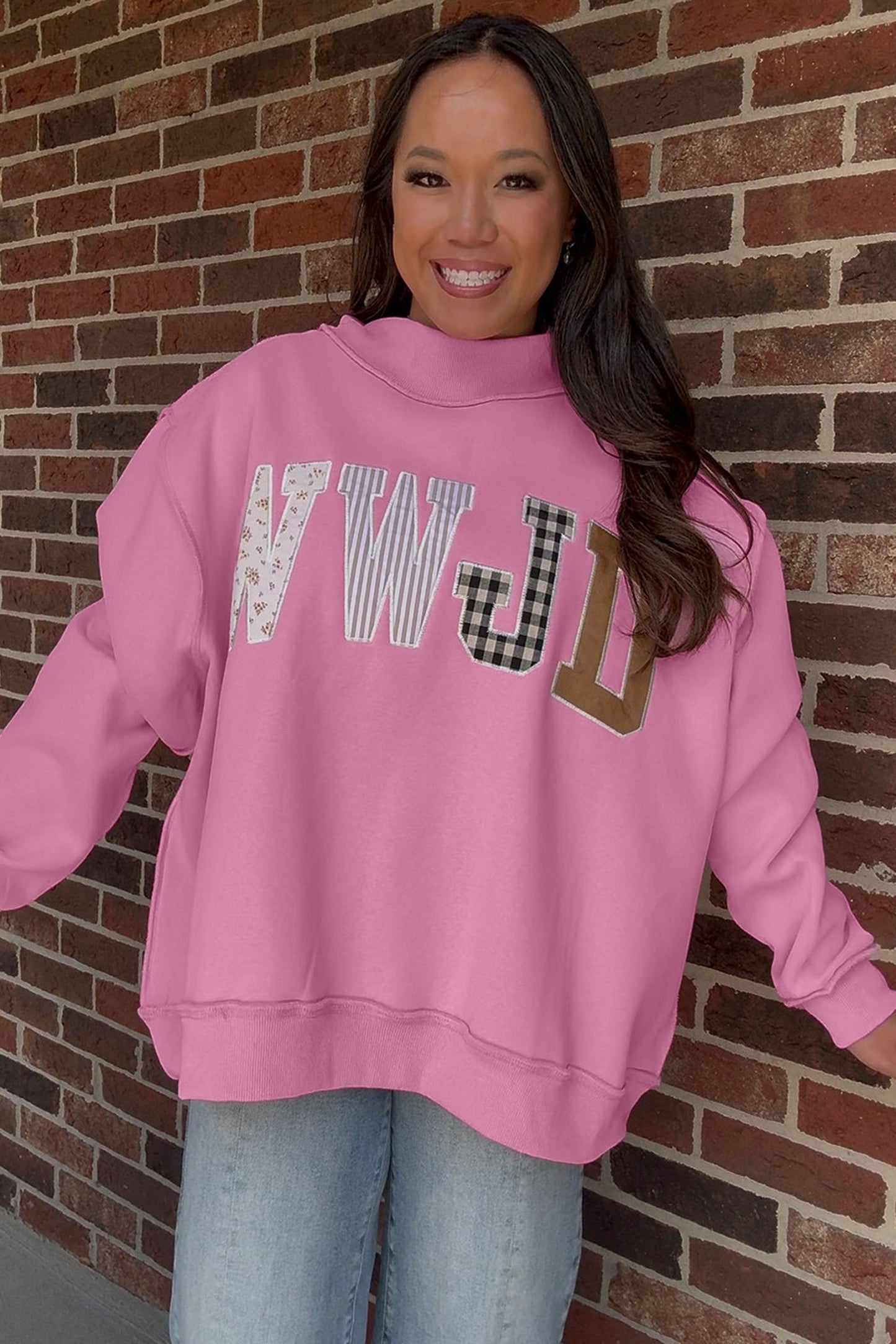 Gray WWJD Mixed Pattern Embroidered Patch Graphic Mock Neck Sweatshirt