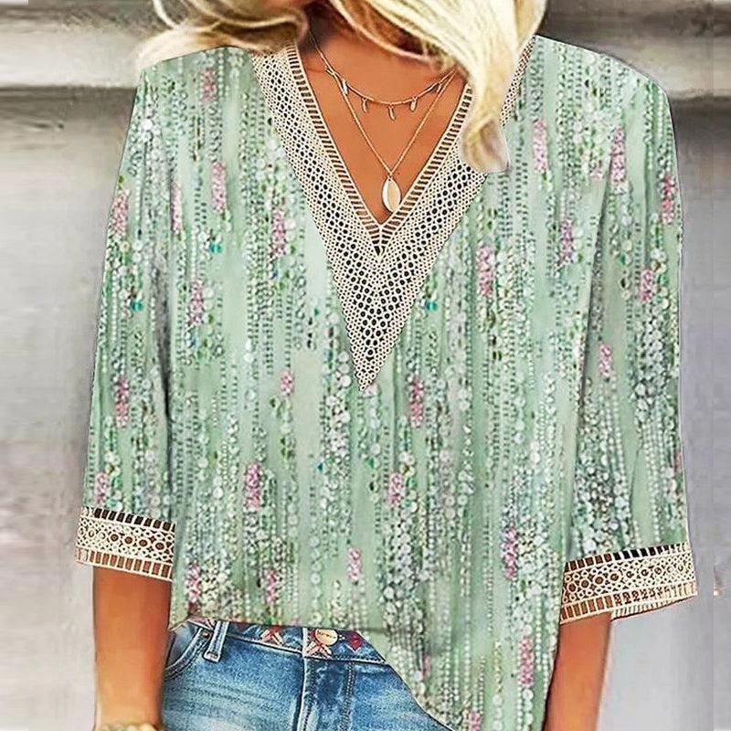 Cuff Printing Model Model Abstract V-neck Summer Thin Shirt