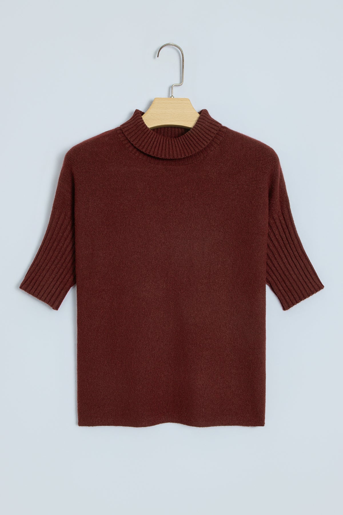 Burgundy Ribbed Trim High Neck Short Sleeve Casual Sweater