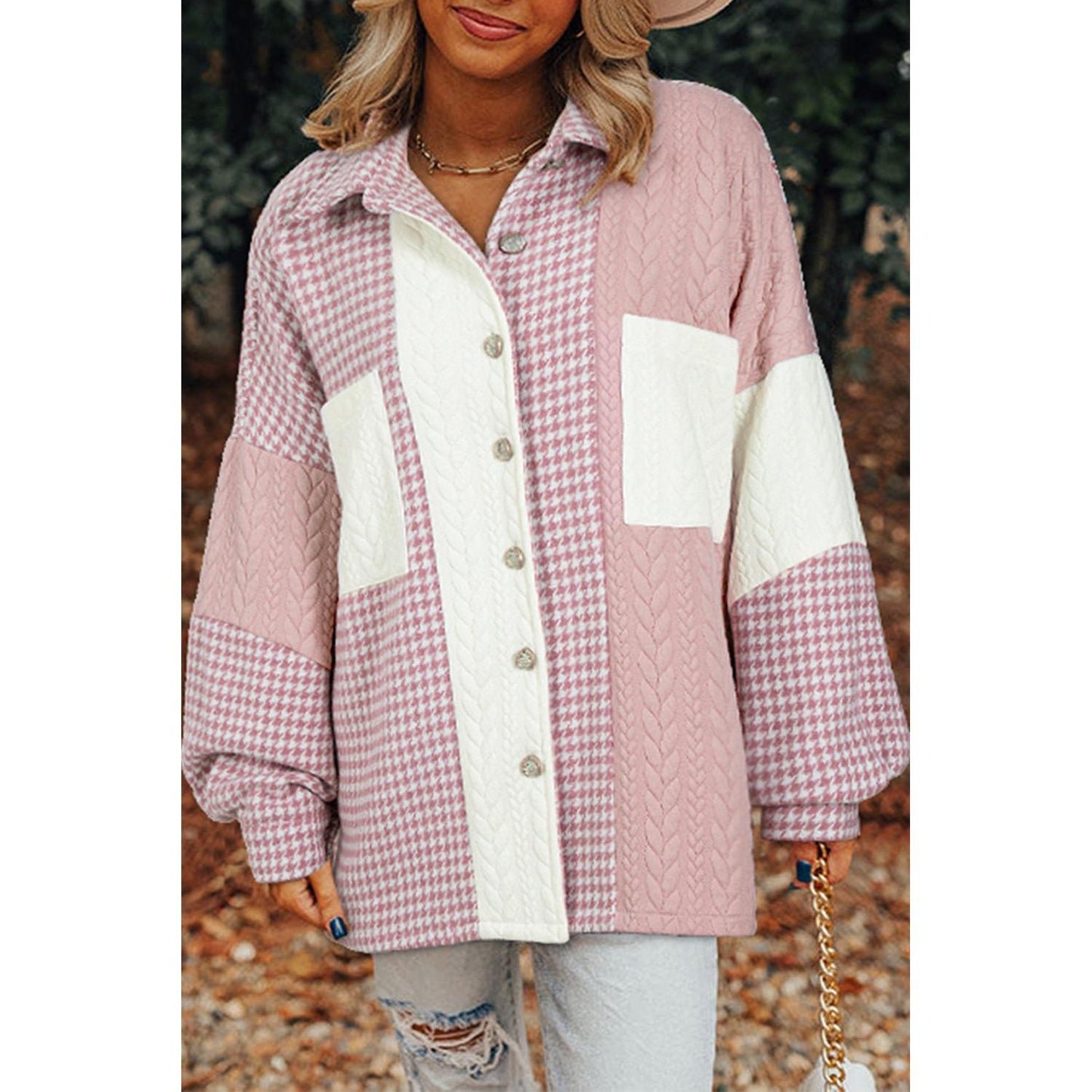 Pink Houndstooth Textured Patchwork Loose Shacket