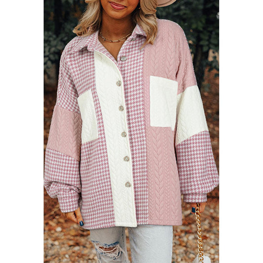 Pink Houndstooth Textured Patchwork Loose Shacket