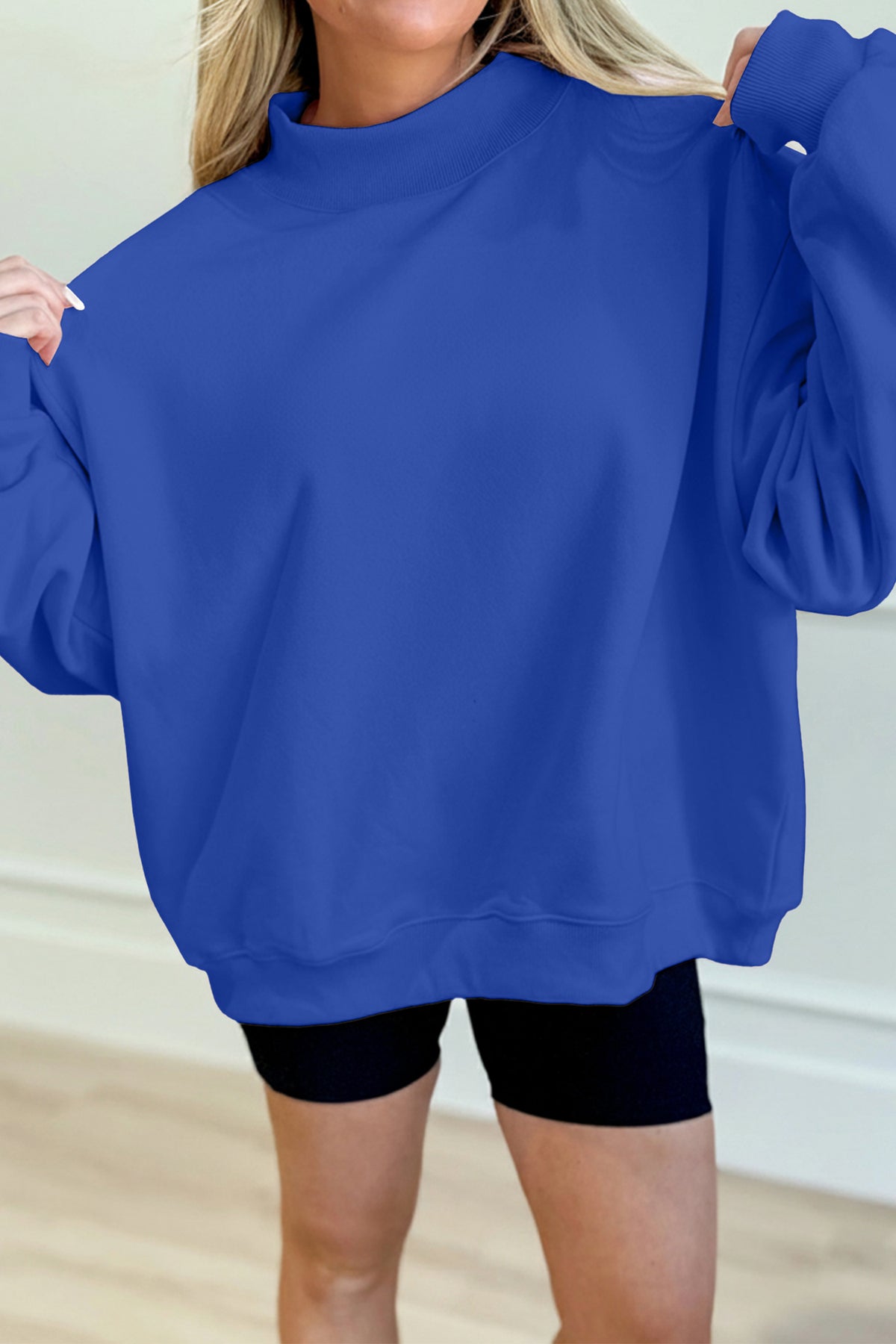 Dark Blue Solid Color Oversized Mock Neck Sweatshirt