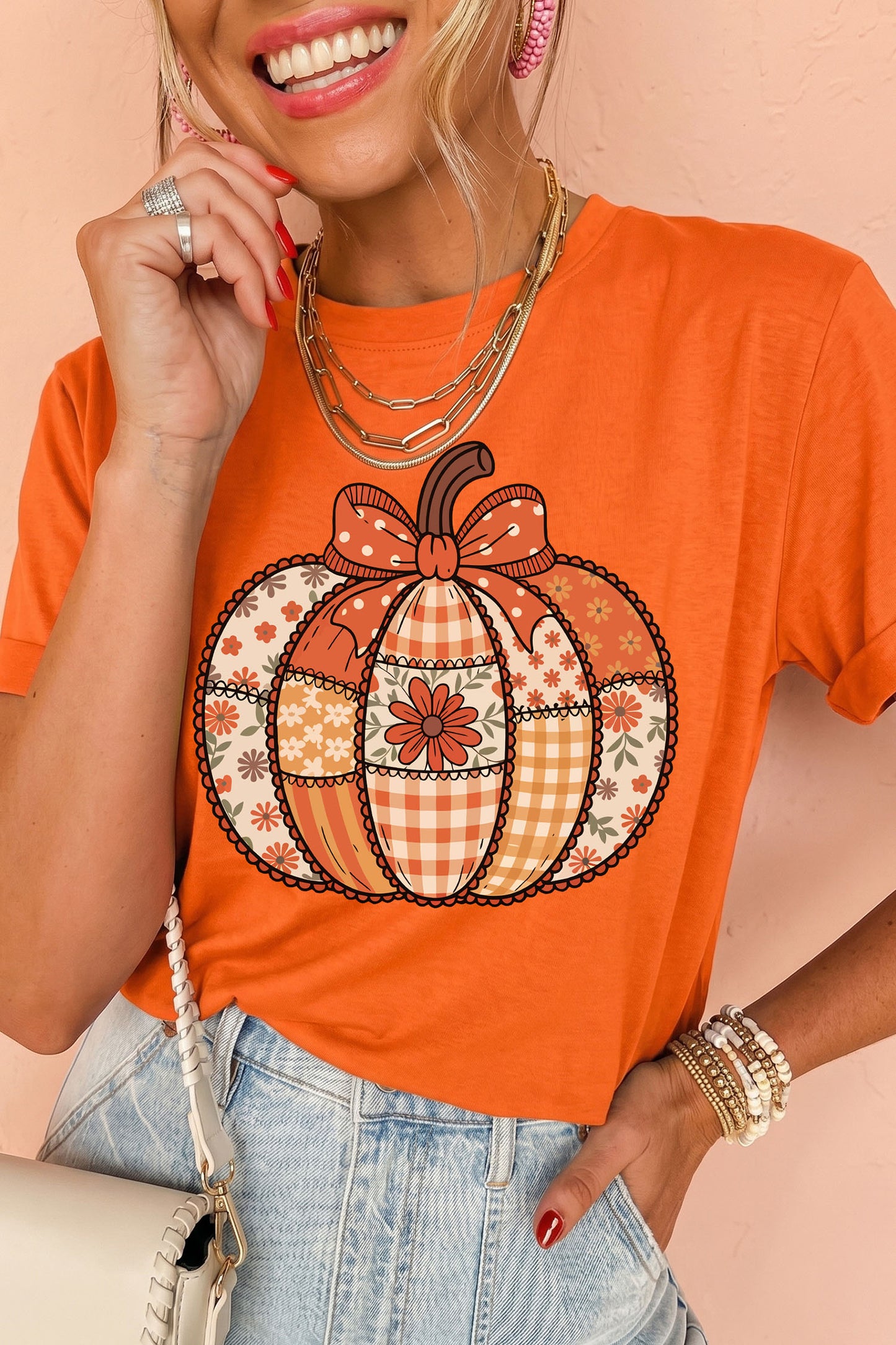 Orange Patchwork Pumpkin Graphic Print Crewneck  T-Shirt