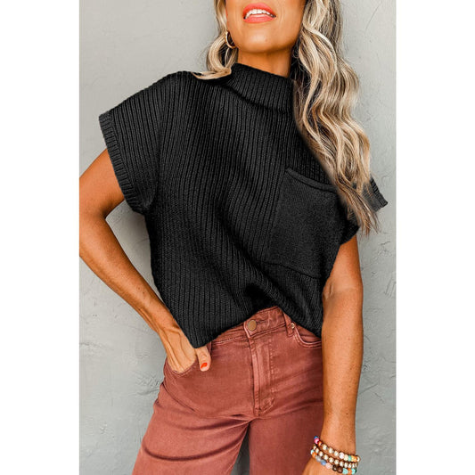 Black Patch Pocket Ribbed Knit Short Sleeve Sweater Knitwear Womenswear