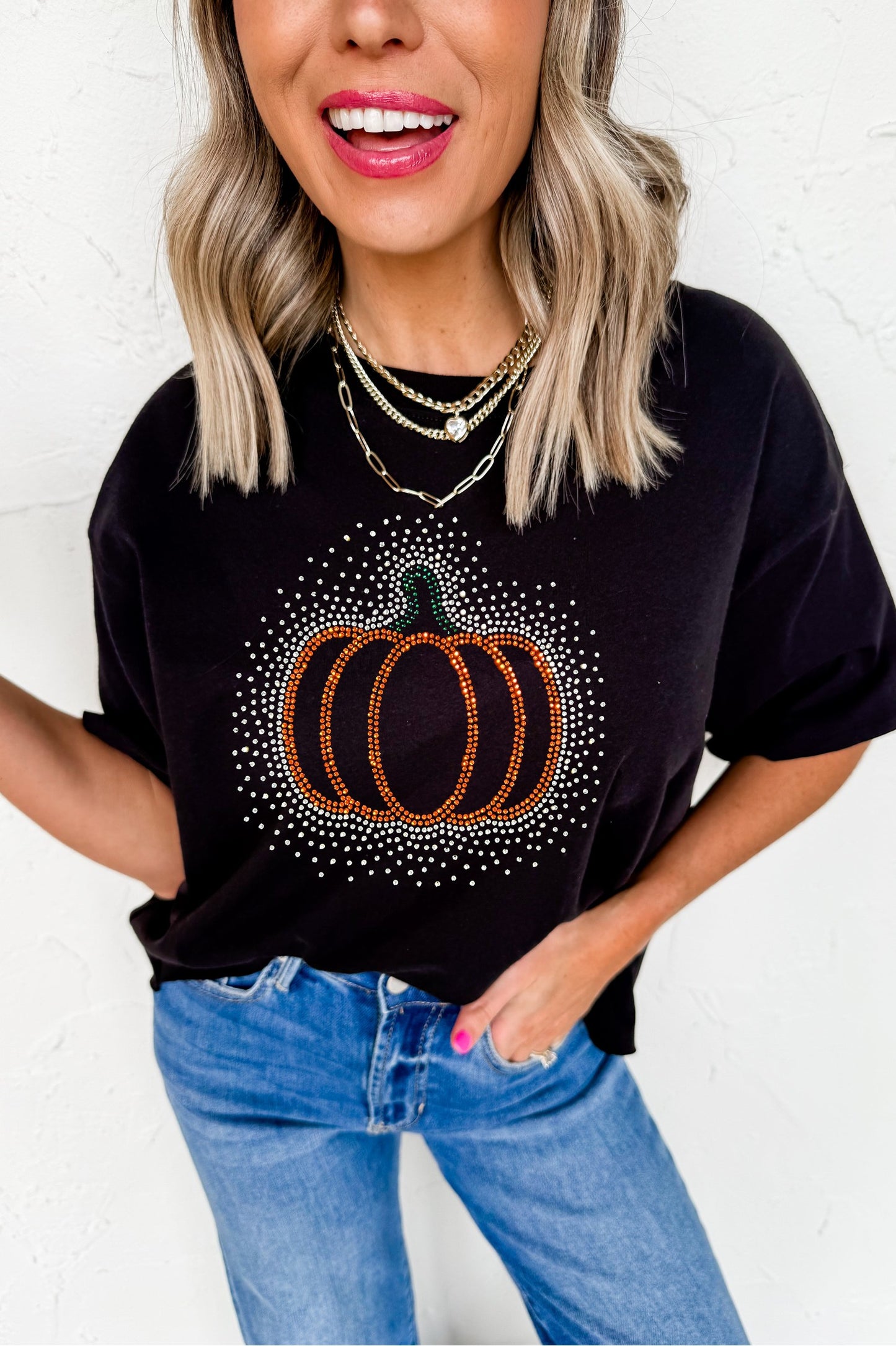 Black Rhinestone Pumpkin Graphic Casual Short Sleeve Tee