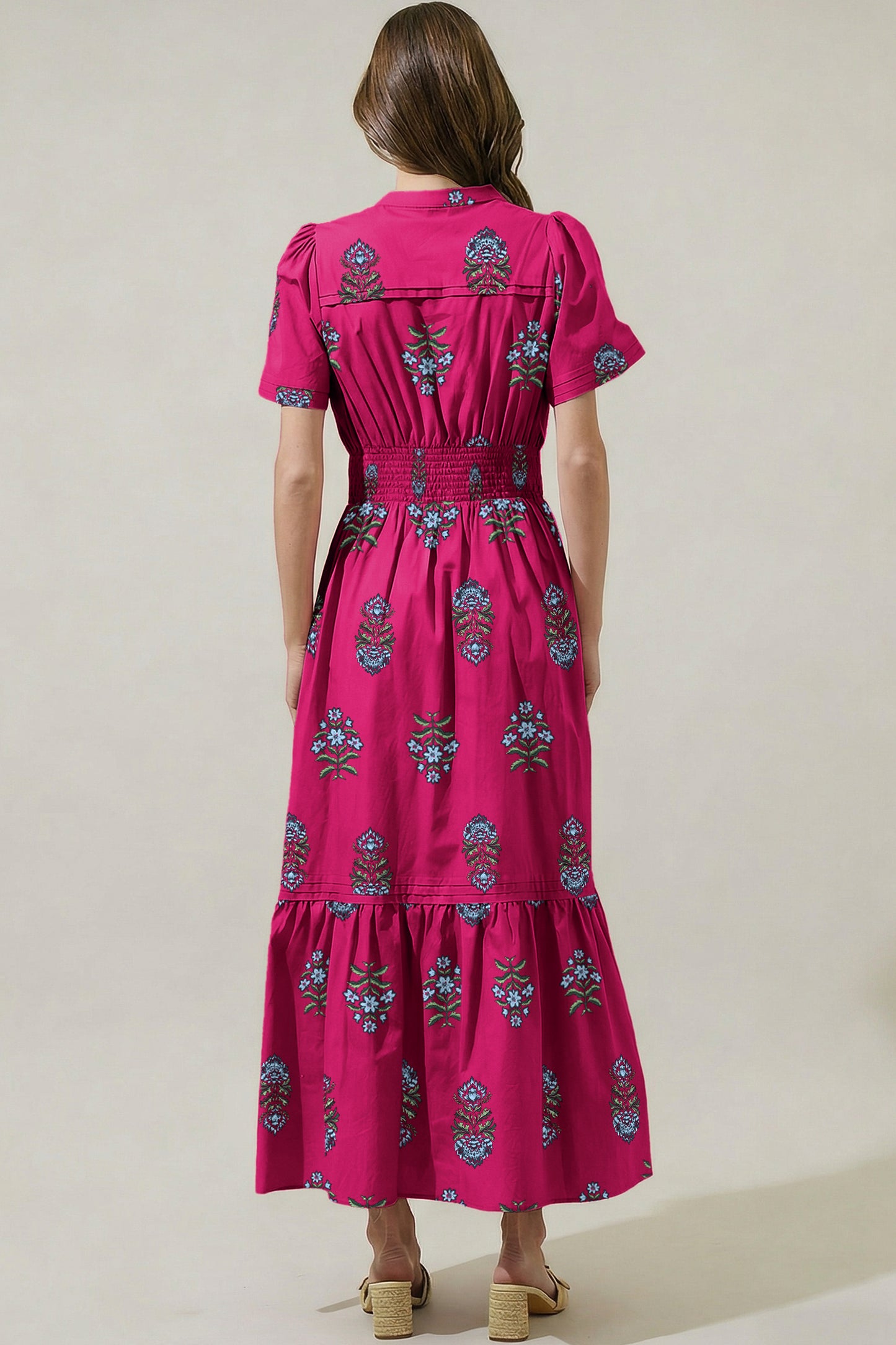 Green Floral Print Split Neck Shirred High Waist Ruffle Hem Maxi Dress