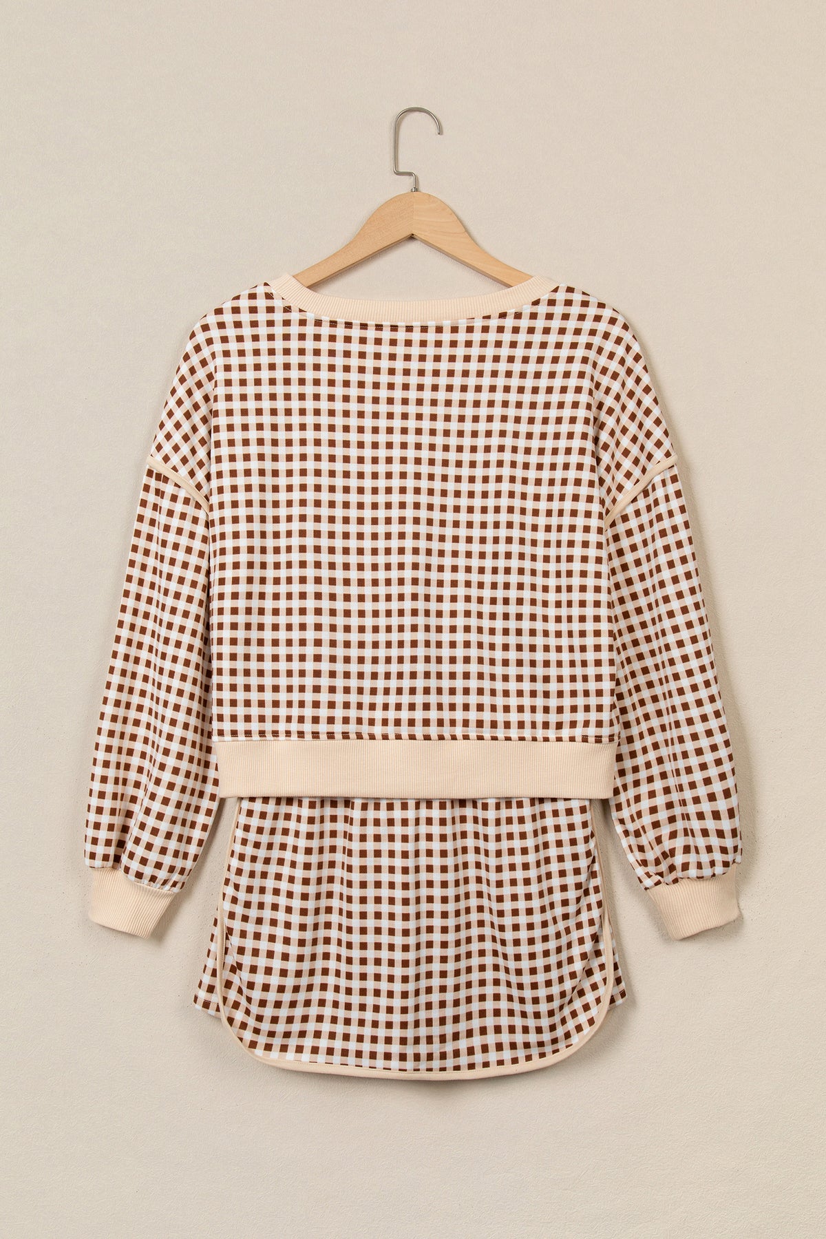 Red Gingham Oversized Ribbed Trim Crew Neck Long Sleeve Top and Skort Set