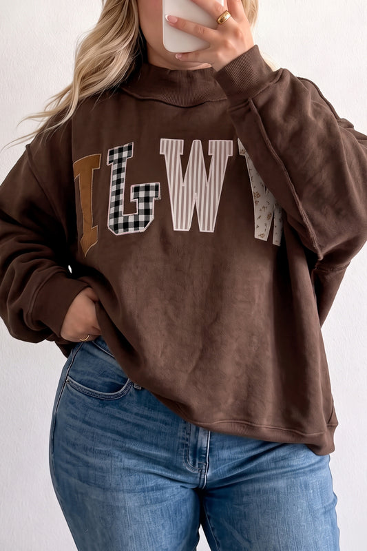 Coffee WWJD Mix Pattern Letter Graphic Exposed Seam Loose Plus Size Sweatshirt