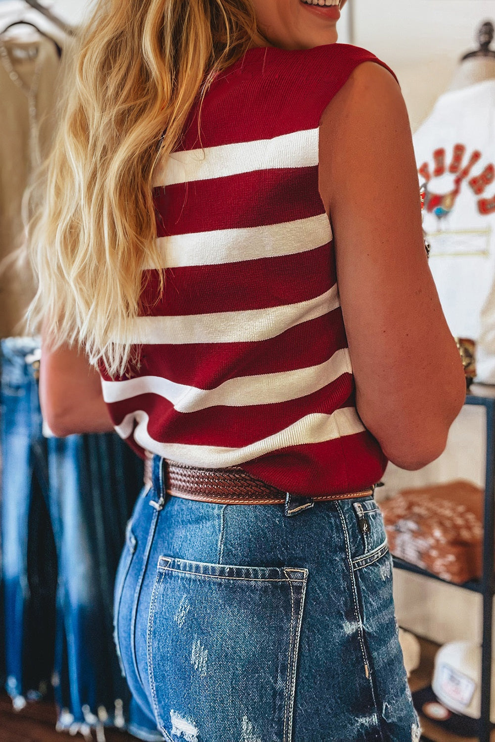 Red Stripe Collared Split Neck Sweater Vest