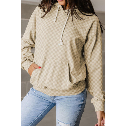 Khaki Checkered Print Kangaroo Pocket Drawstring Hoodie Womenswear Sweatshirts
