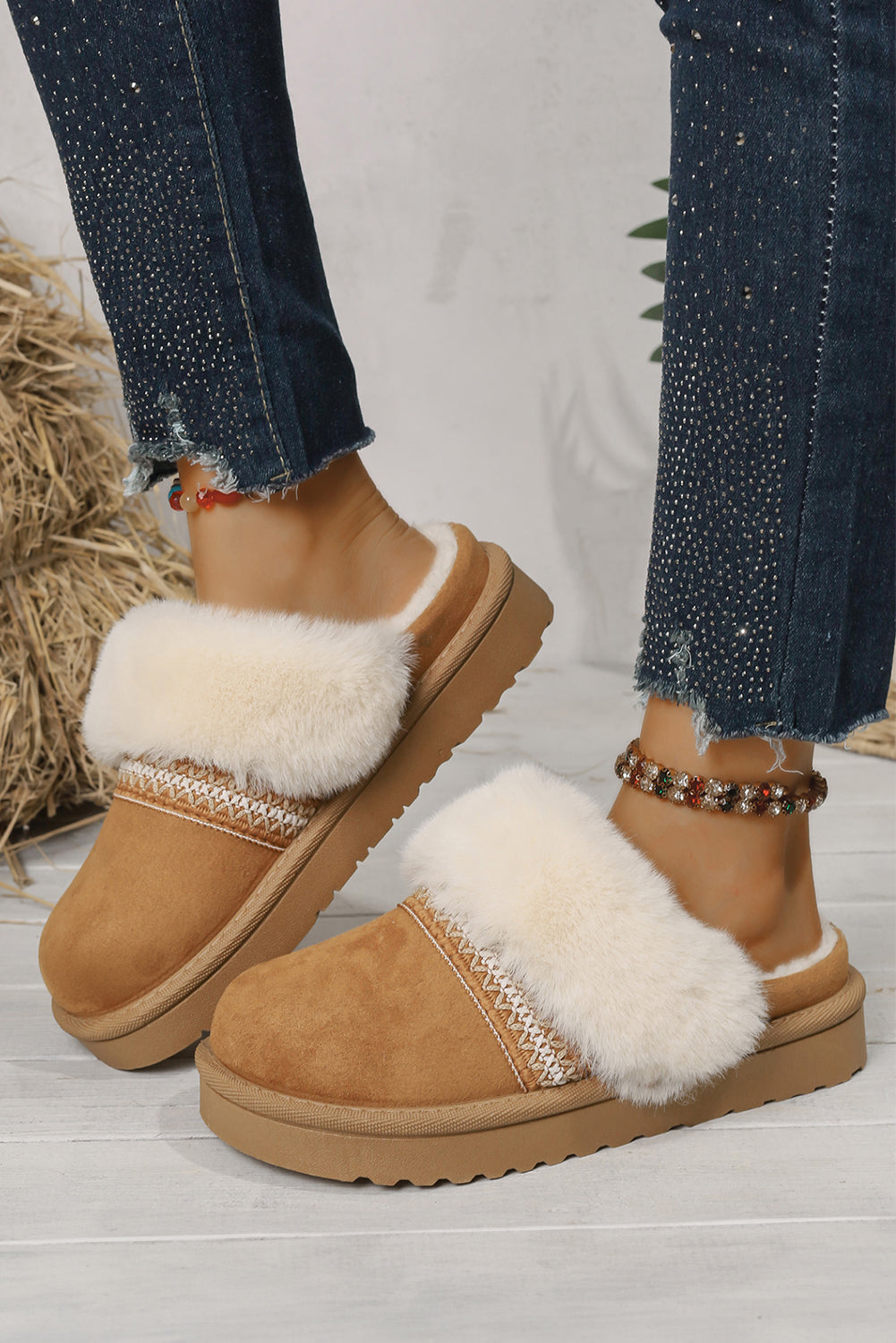 Camel Suede Fuzzy Winter Warm Platform Slippers