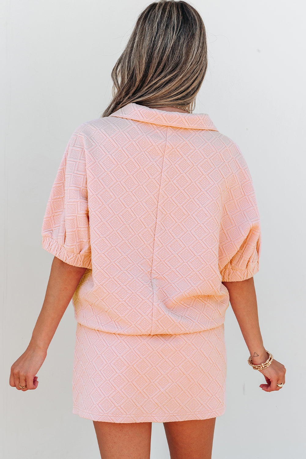 Light Pink Striped Collared Zip up Textured Skirt Set