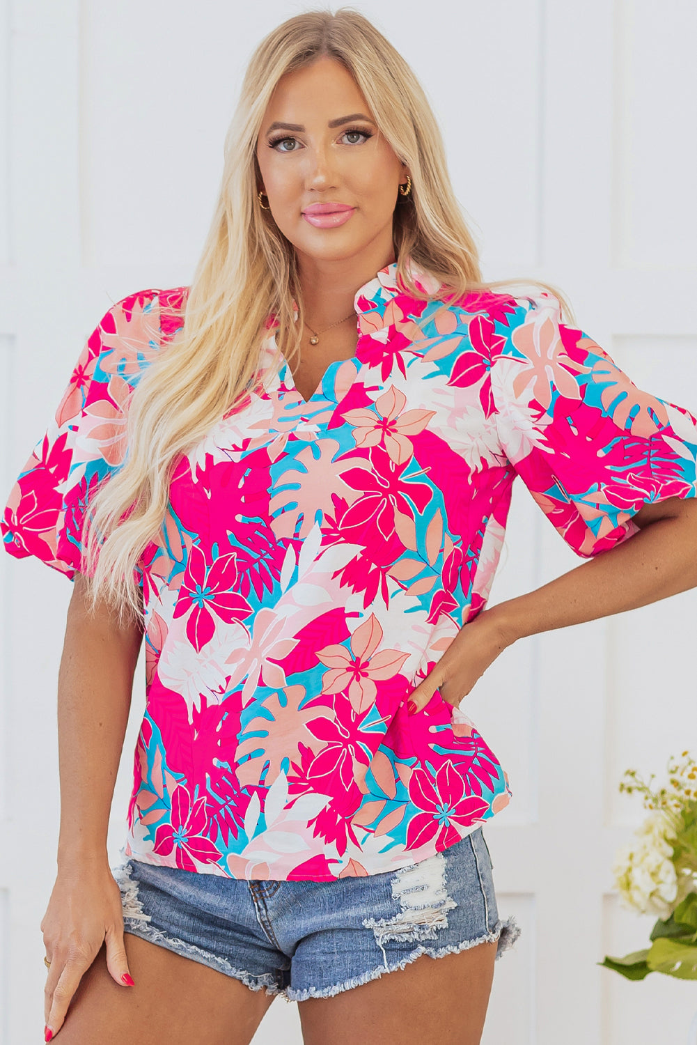 Rose Tropical Plant Printed V Neck Puff Sleeve Blouse