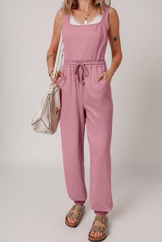 Light Pink Lace-up Elastic Waist Sleeveless Square Neck Jumpsuit