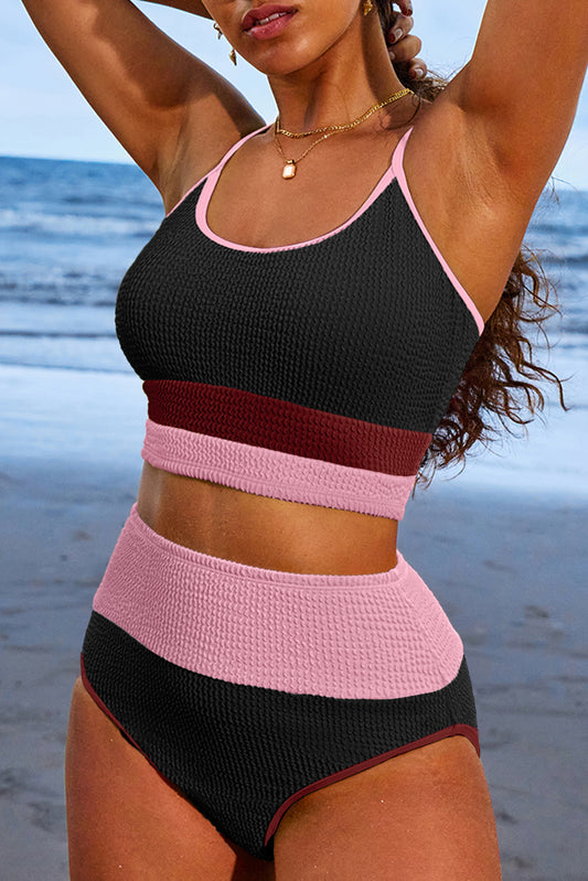 Burgundy Color Block High Waisted Sexy Bikini Set