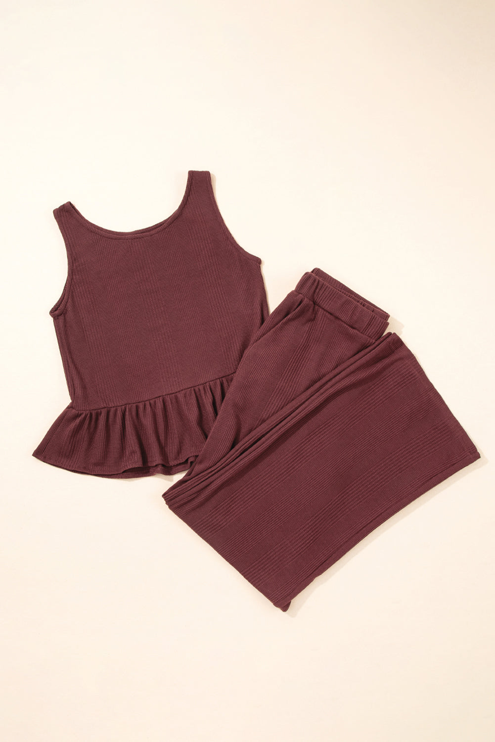 Red Dahlia Solid Color Ribbed Ruffle Tank Top and Pants Set