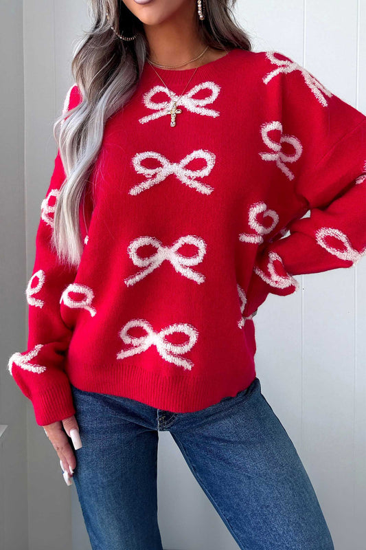Fiery Red All Over Bow Dropped Shoulder Round Neck Shift Sweater