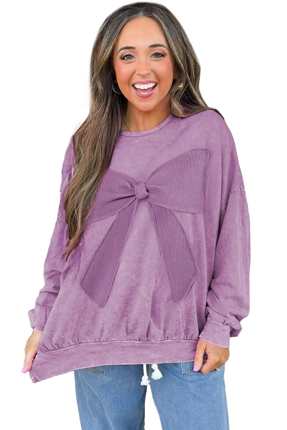 Orchid Bouquet Mineral Wash Waffle Bow Patched Pullover Sweatshirt