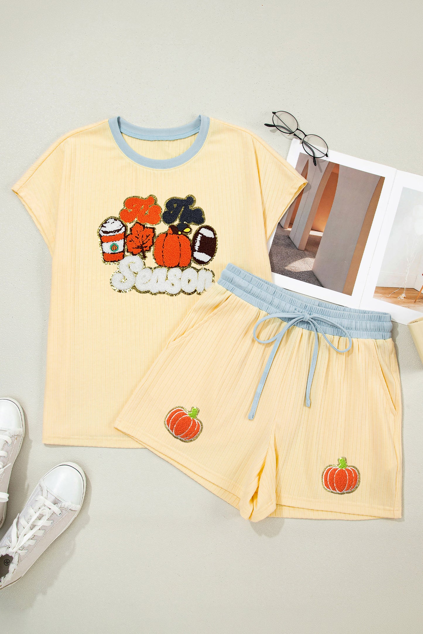 Yellow Cream Ribbed Color Block Trim Chenille Pumpkin Patchwork Graphic Short 3pcs Set