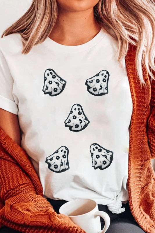 White Halloween Playful Ghost Patched Cotton Blend T Shirt