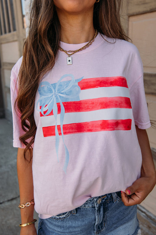 Light Pink Flag Bow Graphic Crewneck Tee