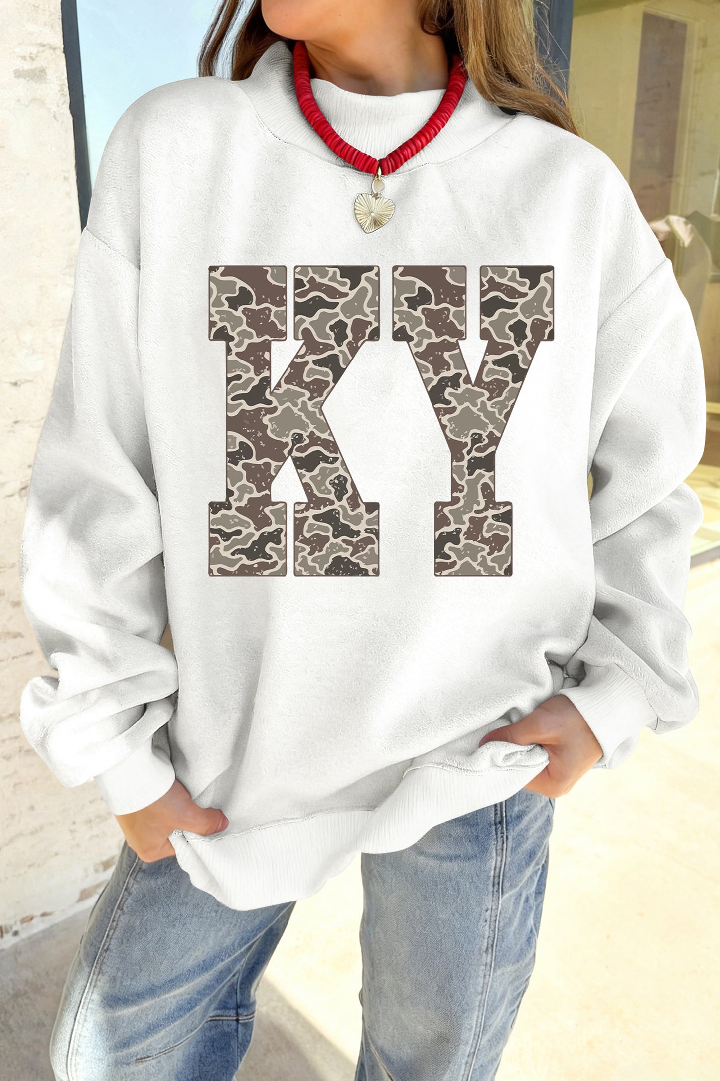 White Camo Letter Bow Printed KENTUCKY Mock Neck Reversible Sweatshirt