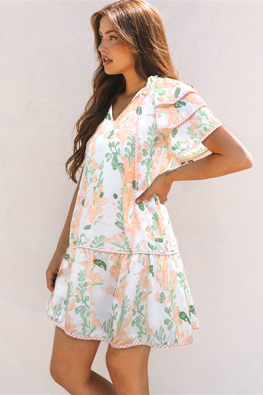 Orange Floral Contrast Edge Layered Short Sleeve Mini Dress
