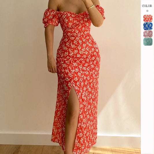 Summer Sexy Floral Printed Slash Neck Slim Fit Dress Women Casual Pack Hip Split Temperament Boho Midi Dresses Clothing