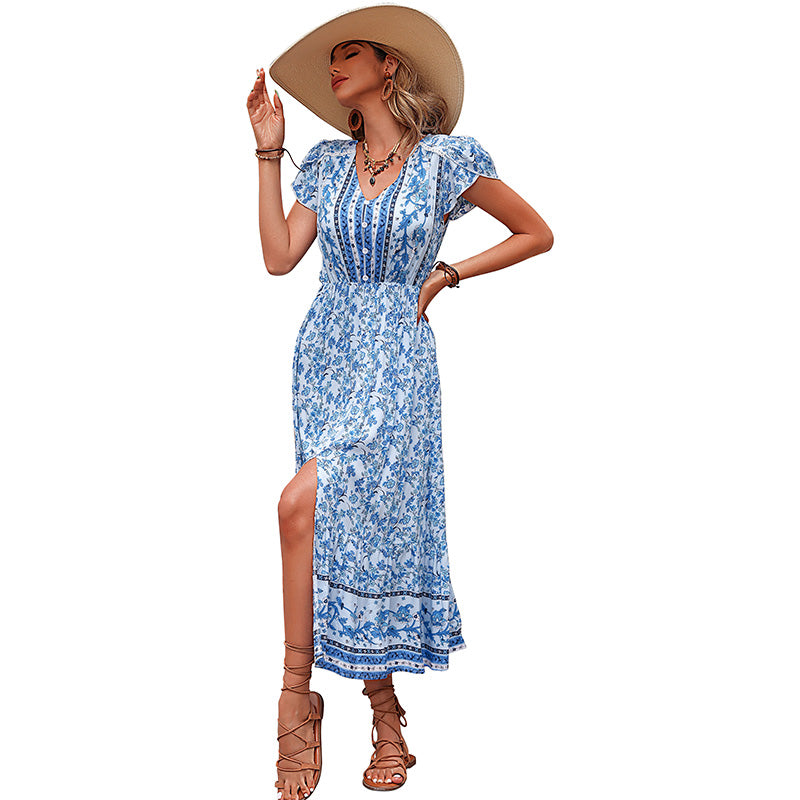 New Summer Bohemian Split Dress Plain v Neck Short Sleeve Casual Ethnic Style Clothing Loose Women Boho Dress