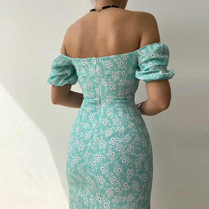 Summer Sexy Floral Printed Slash Neck Slim Fit Dress Women Casual Pack Hip Split Temperament Boho Midi Dresses Clothing