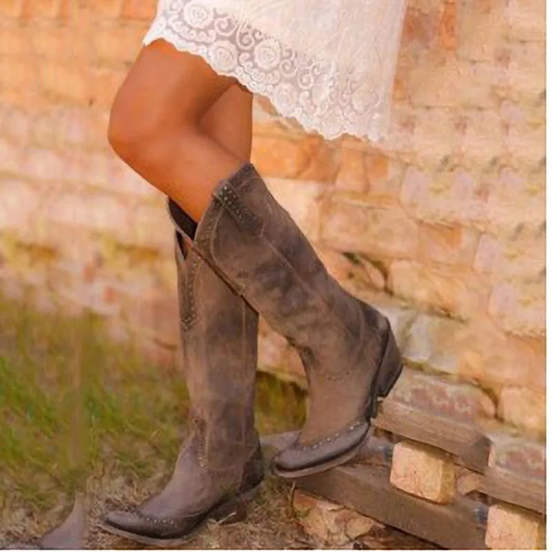 Sh10296a Vintage Pointed Toe Western Cowboy Boots Women Low Heel Boots Girl