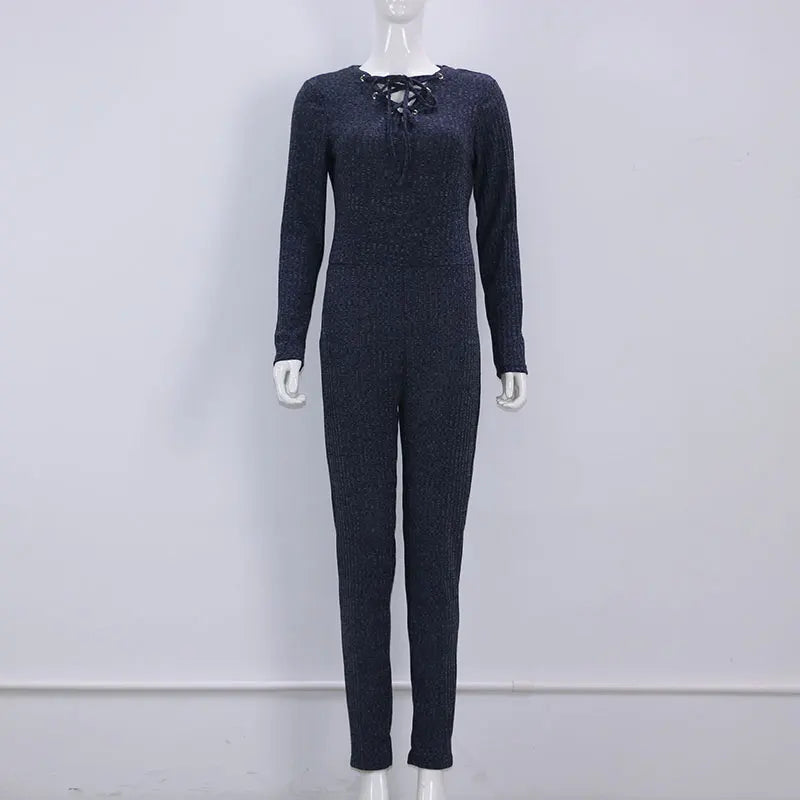 Rompers Women Jumpsuit 2024 New Fashion Long Sleeve Sexy v Cross Bandage Neck Knitted Bodycon Long Pant Slim Sweater Jumpsuits